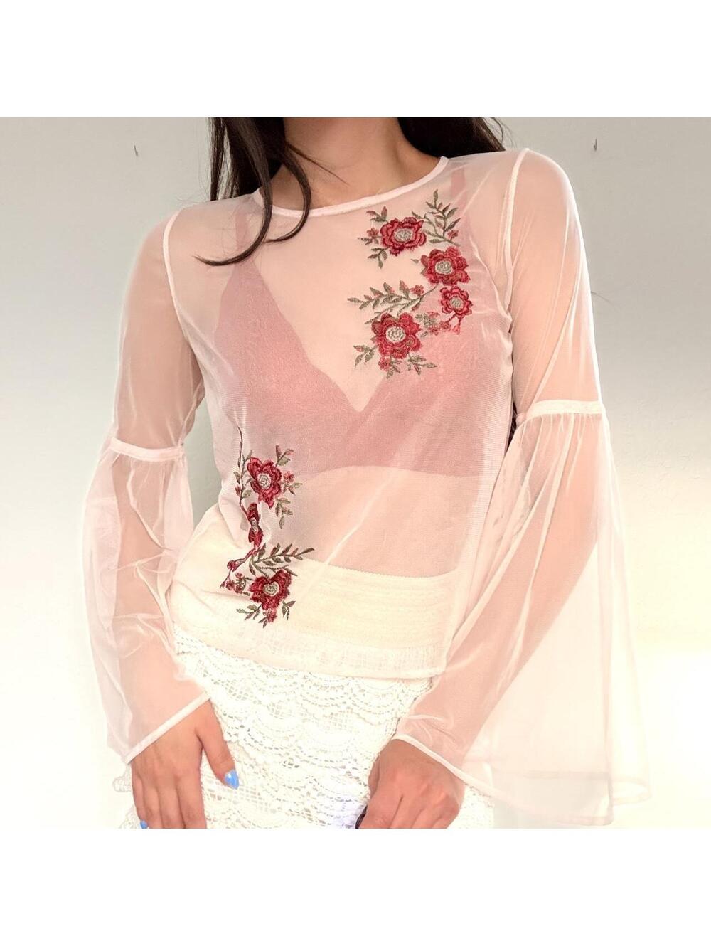 Y2K light pink red floral embroidered sheer bell sleeve top